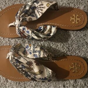 Tory Burch Tan Leather Flip Flops with Cream Floral Scarf Straps